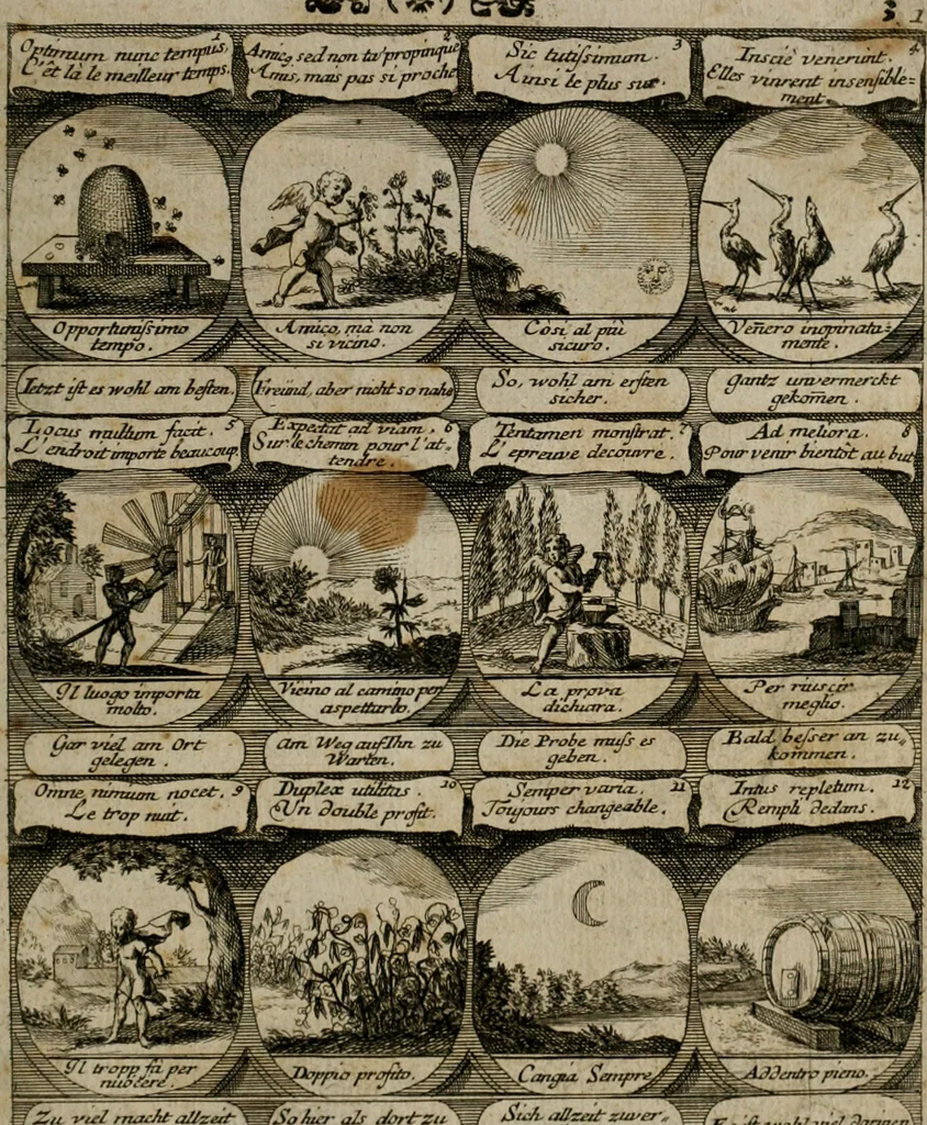 An illustration from M. Laurentii Wolfgangi Woyttens Emblematischer Parnassus : worauf die Musen, ihre Blumen-lese zu allerhand Freuden und Trauer-kränken halten. Um den Lob-werthen Tugend-chor durch angenehme rosen hergegen das ungezähmte Laster-thun mit wildem Dorn- und Distel-flor zu krönen, 1727, leaf 10