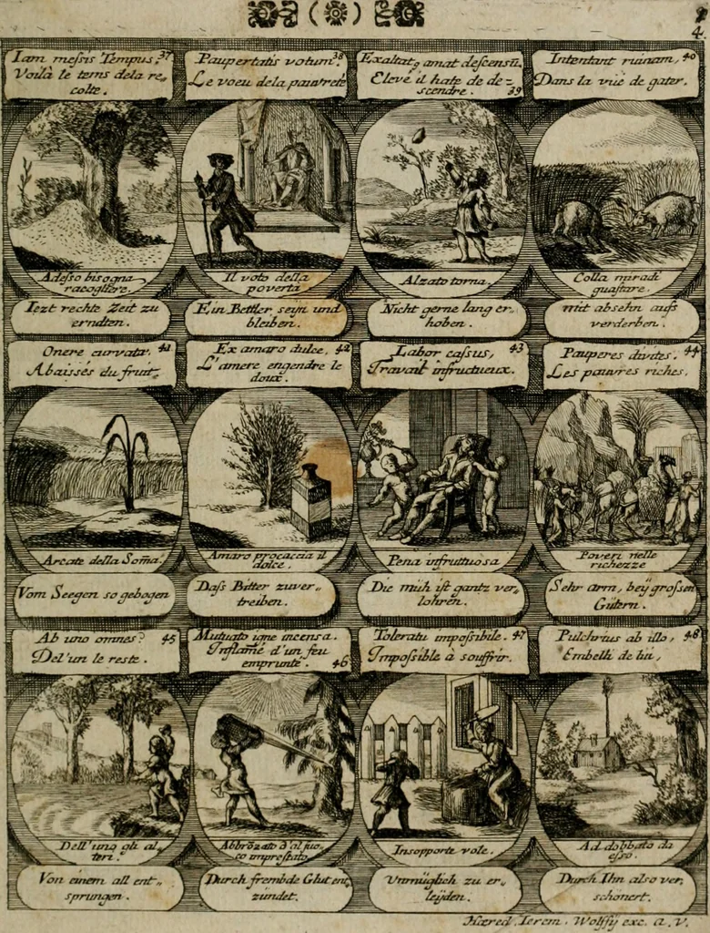 An illustration from M. Laurentii Wolfgangi Woyttens Emblematischer Parnassus : worauf die Musen, ihre Blumen-lese zu allerhand Freuden und Trauer-kränken halten. Um den Lob-werthen Tugend-chor durch angenehme rosen hergegen das ungezähmte Laster-thun mit wildem Dorn- und Distel-flor zu krönen, 1727, leaf 12