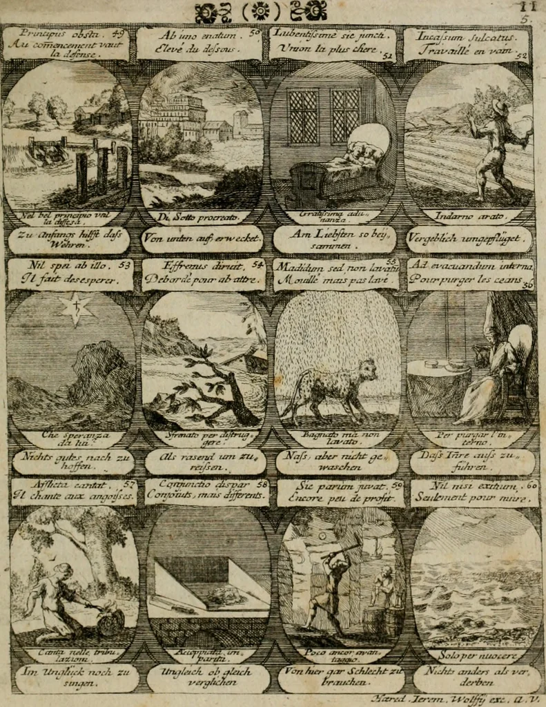 An illustration from M. Laurentii Wolfgangi Woyttens Emblematischer Parnassus : worauf die Musen, ihre Blumen-lese zu allerhand Freuden und Trauer-kränken halten. Um den Lob-werthen Tugend-chor durch angenehme rosen hergegen das ungezähmte Laster-thun mit wildem Dorn- und Distel-flor zu krönen, 1727, leaf 14