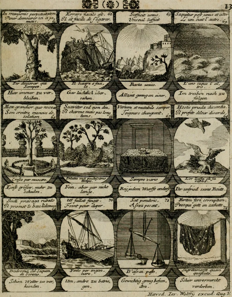 An illustration from M. Laurentii Wolfgangi Woyttens Emblematischer Parnassus : worauf die Musen, ihre Blumen-lese zu allerhand Freuden und Trauer-kränken halten. Um den Lob-werthen Tugend-chor durch angenehme rosen hergegen das ungezähmte Laster-thun mit wildem Dorn- und Distel-flor zu krönen, 1727, leaf 16