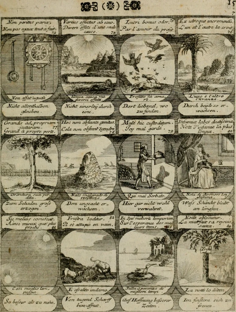 An illustration from M. Laurentii Wolfgangi Woyttens Emblematischer Parnassus : worauf die Musen, ihre Blumen-lese zu allerhand Freuden und Trauer-kränken halten. Um den Lob-werthen Tugend-chor durch angenehme rosen hergegen das ungezähmte Laster-thun mit wildem Dorn- und Distel-flor zu krönen, 1727, leaf 18