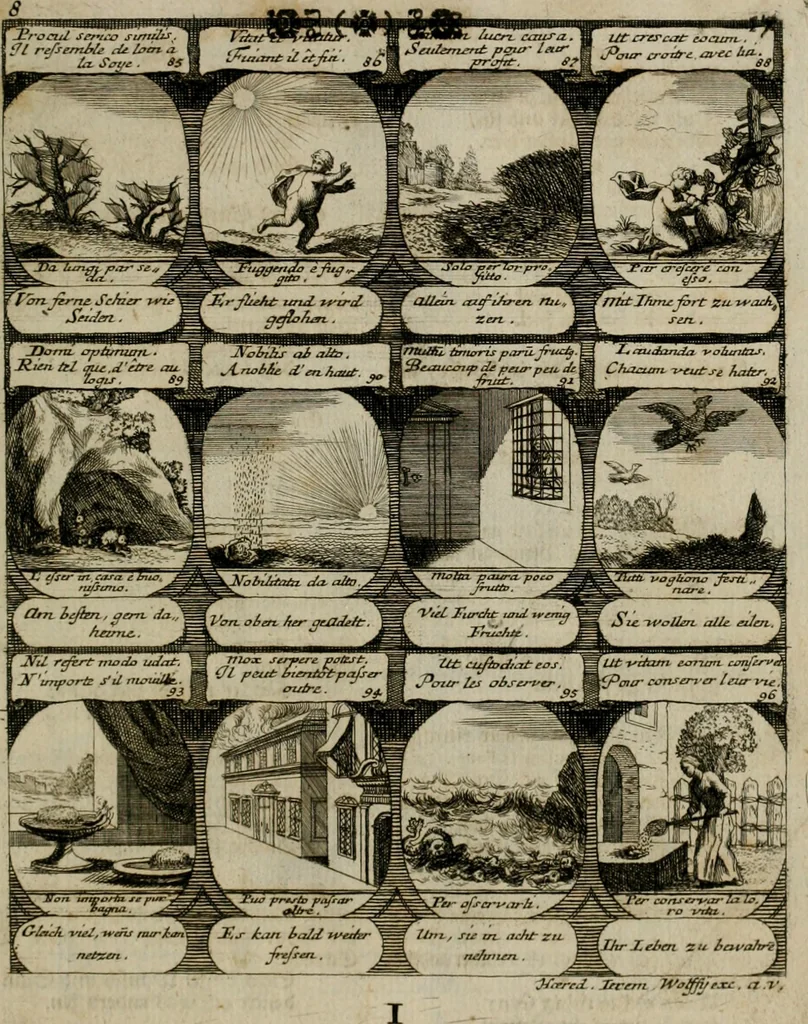 An illustration from M. Laurentii Wolfgangi Woyttens Emblematischer Parnassus : worauf die Musen, ihre Blumen-lese zu allerhand Freuden und Trauer-kränken halten. Um den Lob-werthen Tugend-chor durch angenehme rosen hergegen das ungezähmte Laster-thun mit wildem Dorn- und Distel-flor zu krönen, 1727, leaf 20