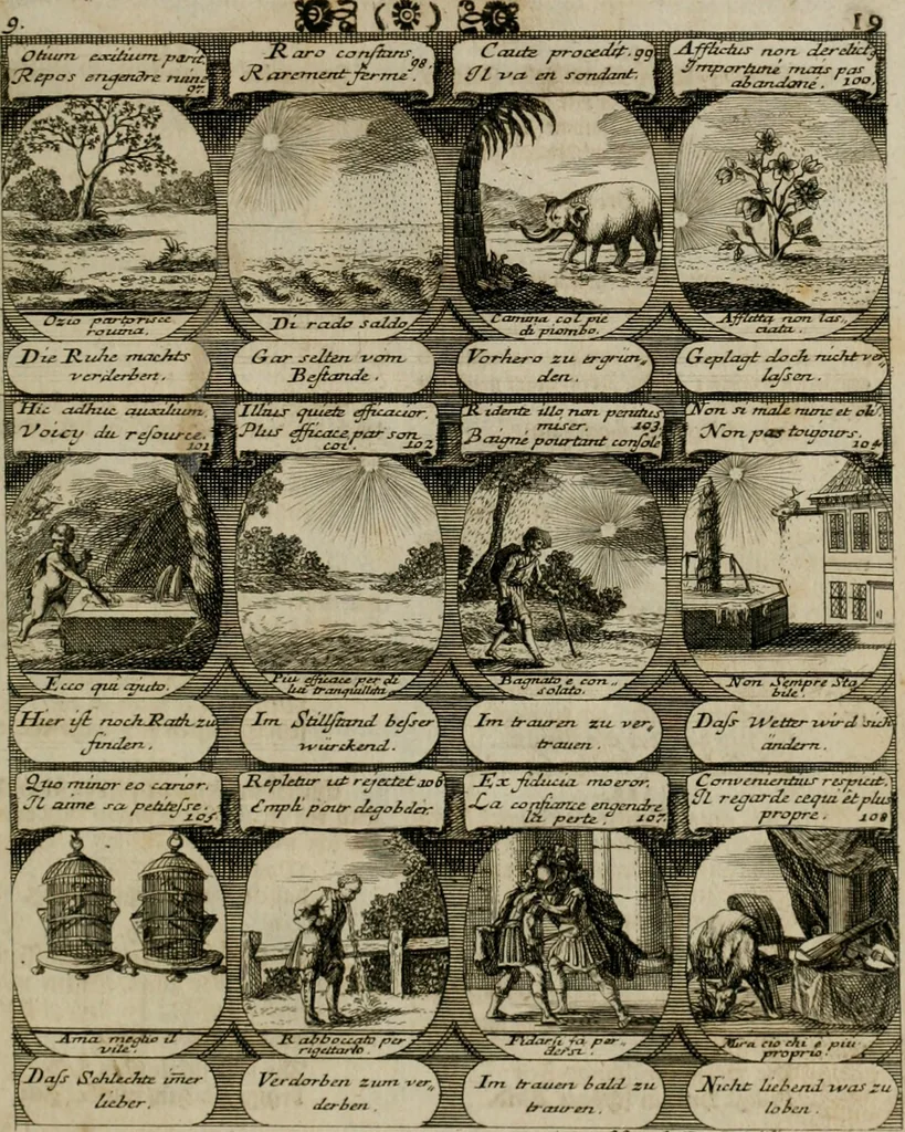 An illustration from M. Laurentii Wolfgangi Woyttens Emblematischer Parnassus : worauf die Musen, ihre Blumen-lese zu allerhand Freuden und Trauer-kränken halten. Um den Lob-werthen Tugend-chor durch angenehme rosen hergegen das ungezähmte Laster-thun mit wildem Dorn- und Distel-flor zu krönen, 1727, leaf 22