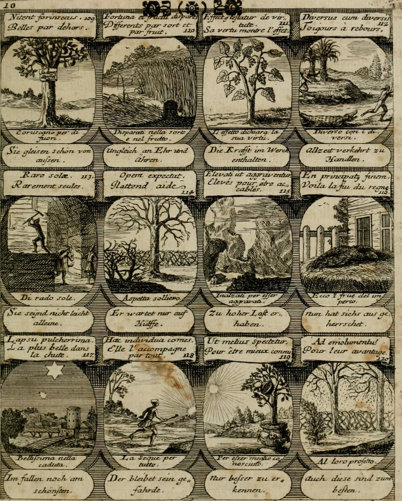 An illustration from M. Laurentii Wolfgangi Woyttens Emblematischer Parnassus : worauf die Musen, ihre Blumen-lese zu allerhand Freuden und Trauer-kränken halten. Um den Lob-werthen Tugend-chor durch angenehme rosen hergegen das ungezähmte Laster-thun mit wildem Dorn- und Distel-flor zu krönen, 1727, leaf 24