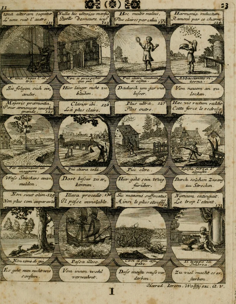 An illustration from M. Laurentii Wolfgangi Woyttens Emblematischer Parnassus : worauf die Musen, ihre Blumen-lese zu allerhand Freuden und Trauer-kränken halten. Um den Lob-werthen Tugend-chor durch angenehme rosen hergegen das ungezähmte Laster-thun mit wildem Dorn- und Distel-flor zu krönen, 1727, leaf 26