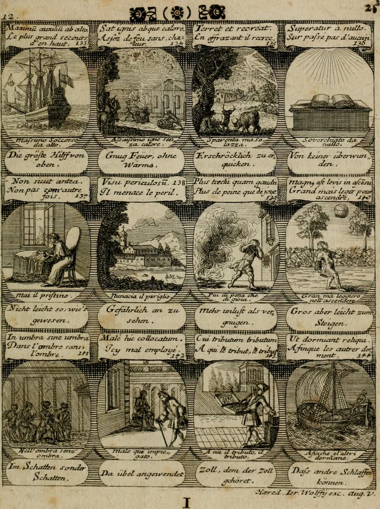 An illustration from M. Laurentii Wolfgangi Woyttens Emblematischer Parnassus : worauf die Musen, ihre Blumen-lese zu allerhand Freuden und Trauer-kränken halten. Um den Lob-werthen Tugend-chor durch angenehme rosen hergegen das ungezähmte Laster-thun mit wildem Dorn- und Distel-flor zu krönen, 1727, leaf 28