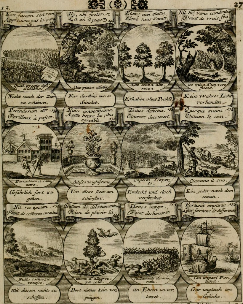 An illustration from M. Laurentii Wolfgangi Woyttens Emblematischer Parnassus : worauf die Musen, ihre Blumen-lese zu allerhand Freuden und Trauer-kränken halten. Um den Lob-werthen Tugend-chor durch angenehme rosen hergegen das ungezähmte Laster-thun mit wildem Dorn- und Distel-flor zu krönen, 1727, leaf 30
