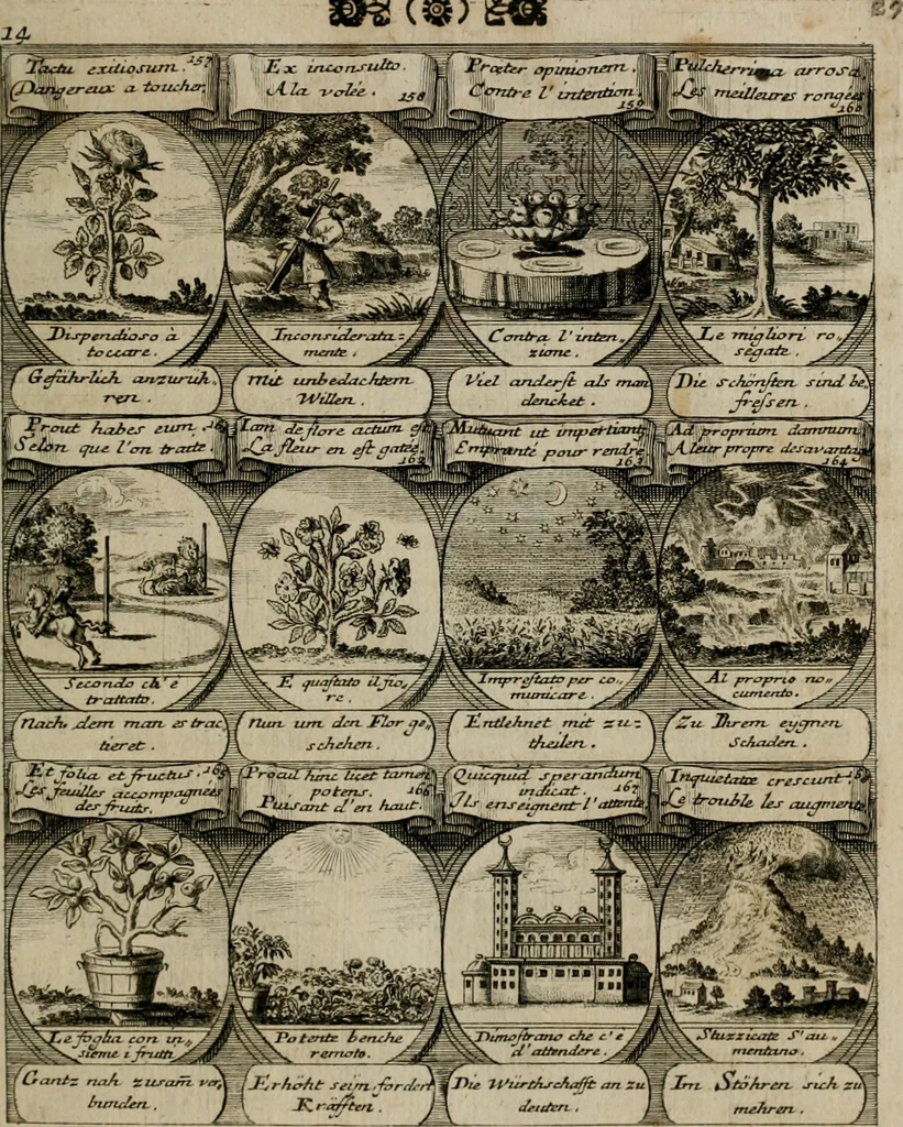 An illustration from M. Laurentii Wolfgangi Woyttens Emblematischer Parnassus : worauf die Musen, ihre Blumen-lese zu allerhand Freuden und Trauer-kränken halten. Um den Lob-werthen Tugend-chor durch angenehme rosen hergegen das ungezähmte Laster-thun mit wildem Dorn- und Distel-flor zu krönen, 1727, leaf 32