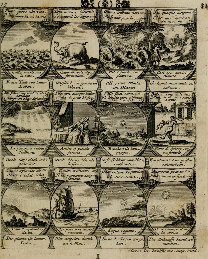 An illustration from M. Laurentii Wolfgangi Woyttens Emblematischer Parnassus : worauf die Musen, ihre Blumen-lese zu allerhand Freuden und Trauer-kränken halten. Um den Lob-werthen Tugend-chor durch angenehme rosen hergegen das ungezähmte Laster-thun mit wildem Dorn- und Distel-flor zu krönen, 1727, leaf 34