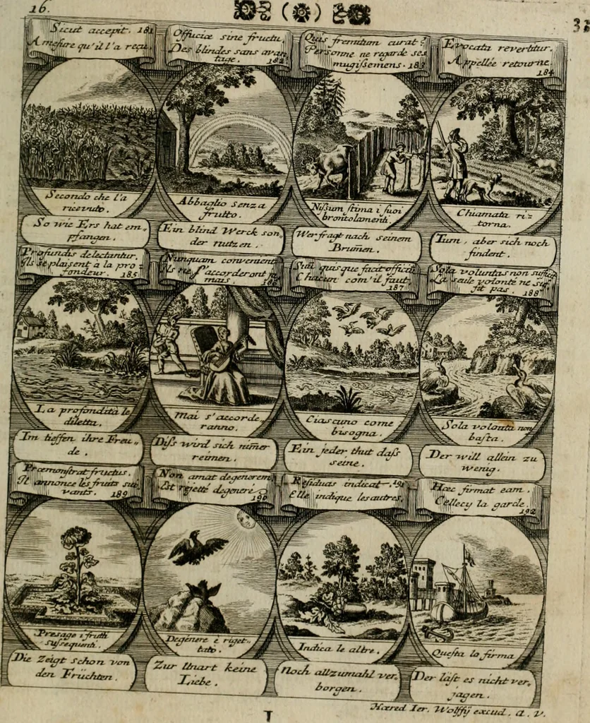 An illustration from M. Laurentii Wolfgangi Woyttens Emblematischer Parnassus : worauf die Musen, ihre Blumen-lese zu allerhand Freuden und Trauer-kränken halten. Um den Lob-werthen Tugend-chor durch angenehme rosen hergegen das ungezähmte Laster-thun mit wildem Dorn- und Distel-flor zu krönen, 1727, leaf 36