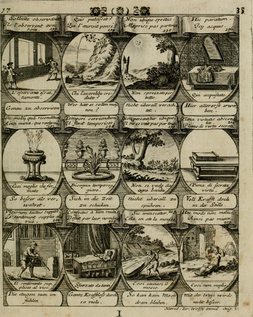 An illustration from M. Laurentii Wolfgangi Woyttens Emblematischer Parnassus : worauf die Musen, ihre Blumen-lese zu allerhand Freuden und Trauer-kränken halten. Um den Lob-werthen Tugend-chor durch angenehme rosen hergegen das ungezähmte Laster-thun mit wildem Dorn- und Distel-flor zu krönen, 1727, leaf 38
