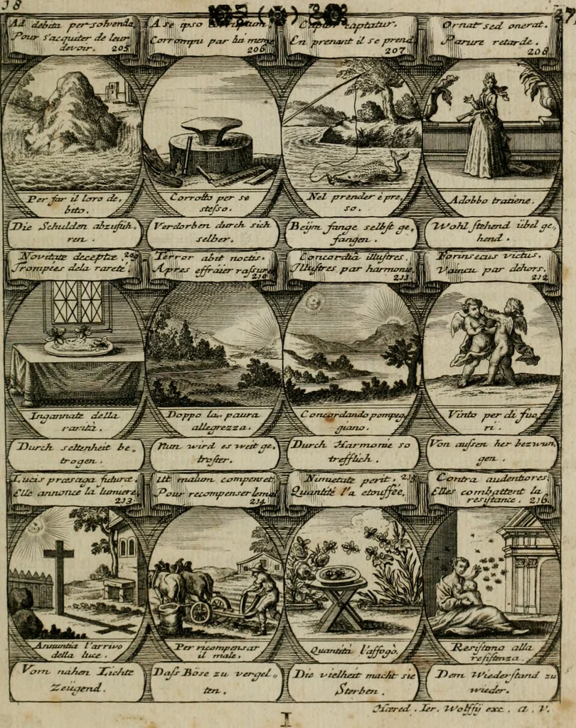 An illustration from M. Laurentii Wolfgangi Woyttens Emblematischer Parnassus : worauf die Musen, ihre Blumen-lese zu allerhand Freuden und Trauer-kränken halten. Um den Lob-werthen Tugend-chor durch angenehme rosen hergegen das ungezähmte Laster-thun mit wildem Dorn- und Distel-flor zu krönen, 1727, leaf 40