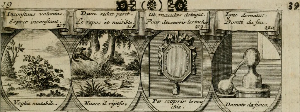 An illustration from M. Laurentii Wolfgangi Woyttens Emblematischer Parnassus : worauf die Musen, ihre Blumen-lese zu allerhand Freuden und Trauer-kränken halten. Um den Lob-werthen Tugend-chor durch angenehme rosen hergegen das ungezähmte Laster-thun mit wildem Dorn- und Distel-flor zu krönen, 1727, leaf 42