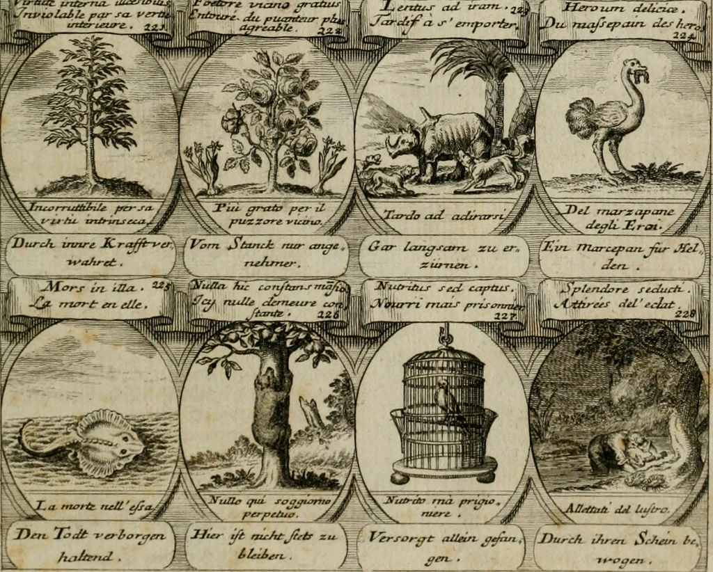 An illustration from M. Laurentii Wolfgangi Woyttens Emblematischer Parnassus : worauf die Musen, ihre Blumen-lese zu allerhand Freuden und Trauer-kränken halten. Um den Lob-werthen Tugend-chor durch angenehme rosen hergegen das ungezähmte Laster-thun mit wildem Dorn- und Distel-flor zu krönen, 1727, leaf 42