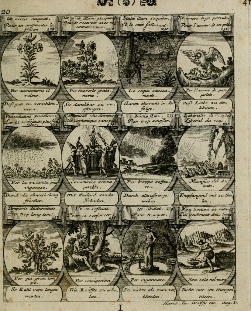 An illustration from M. Laurentii Wolfgangi Woyttens Emblematischer Parnassus : worauf die Musen, ihre Blumen-lese zu allerhand Freuden und Trauer-kränken halten. Um den Lob-werthen Tugend-chor durch angenehme rosen hergegen das ungezähmte Laster-thun mit wildem Dorn- und Distel-flor zu krönen, 1727, leaf 44