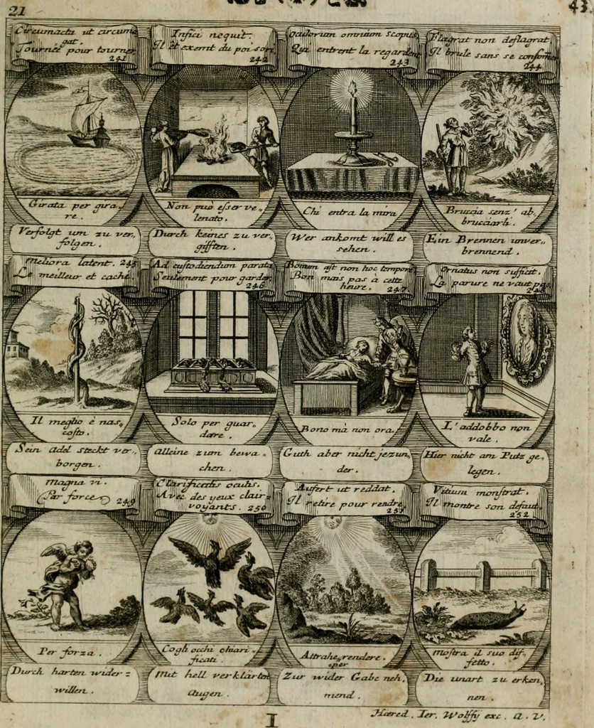 An illustration from M. Laurentii Wolfgangi Woyttens Emblematischer Parnassus : worauf die Musen, ihre Blumen-lese zu allerhand Freuden und Trauer-kränken halten. Um den Lob-werthen Tugend-chor durch angenehme rosen hergegen das ungezähmte Laster-thun mit wildem Dorn- und Distel-flor zu krönen, 1727, leaf 46