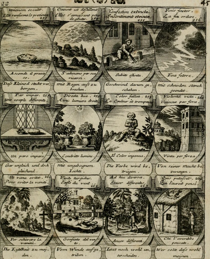 An illustration from M. Laurentii Wolfgangi Woyttens Emblematischer Parnassus : worauf die Musen, ihre Blumen-lese zu allerhand Freuden und Trauer-kränken halten. Um den Lob-werthen Tugend-chor durch angenehme rosen hergegen das ungezähmte Laster-thun mit wildem Dorn- und Distel-flor zu krönen, 1727, leaf 48