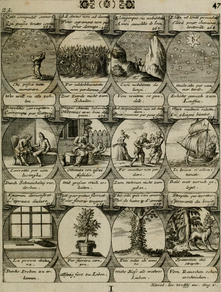 An illustration from M. Laurentii Wolfgangi Woyttens Emblematischer Parnassus : worauf die Musen, ihre Blumen-lese zu allerhand Freuden und Trauer-kränken halten. Um den Lob-werthen Tugend-chor durch angenehme rosen hergegen das ungezähmte Laster-thun mit wildem Dorn- und Distel-flor zu krönen, 1727, leaf 50
