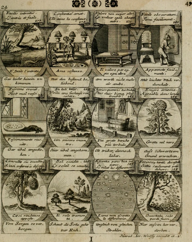 An illustration from M. Laurentii Wolfgangi Woyttens Emblematischer Parnassus : worauf die Musen, ihre Blumen-lese zu allerhand Freuden und Trauer-kränken halten. Um den Lob-werthen Tugend-chor durch angenehme rosen hergegen das ungezähmte Laster-thun mit wildem Dorn- und Distel-flor zu krönen, 1727, leaf 52