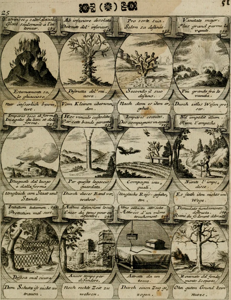 An illustration from M. Laurentii Wolfgangi Woyttens Emblematischer Parnassus : worauf die Musen, ihre Blumen-lese zu allerhand Freuden und Trauer-kränken halten. Um den Lob-werthen Tugend-chor durch angenehme rosen hergegen das ungezähmte Laster-thun mit wildem Dorn- und Distel-flor zu krönen, 1727, leaf 54