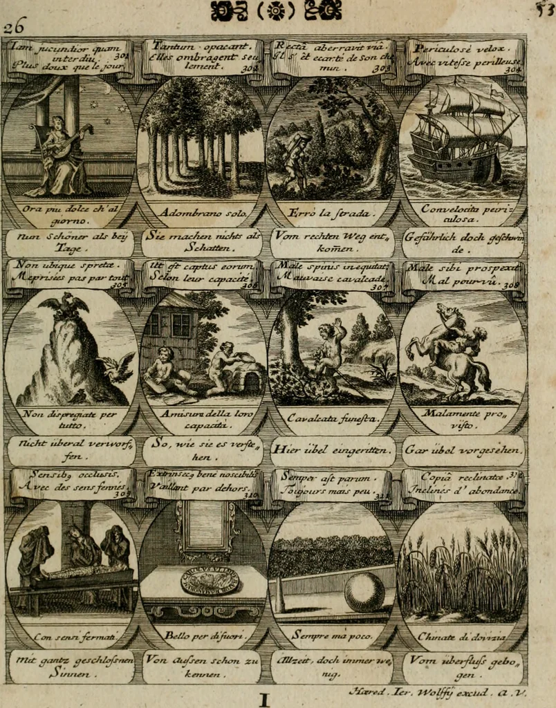 An illustration from M. Laurentii Wolfgangi Woyttens Emblematischer Parnassus : worauf die Musen, ihre Blumen-lese zu allerhand Freuden und Trauer-kränken halten. Um den Lob-werthen Tugend-chor durch angenehme rosen hergegen das ungezähmte Laster-thun mit wildem Dorn- und Distel-flor zu krönen, 1727, leaf 56