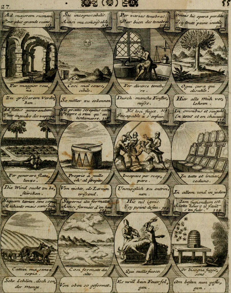 An illustration from M. Laurentii Wolfgangi Woyttens Emblematischer Parnassus : worauf die Musen, ihre Blumen-lese zu allerhand Freuden und Trauer-kränken halten. Um den Lob-werthen Tugend-chor durch angenehme rosen hergegen das ungezähmte Laster-thun mit wildem Dorn- und Distel-flor zu krönen, 1727, leaf 58