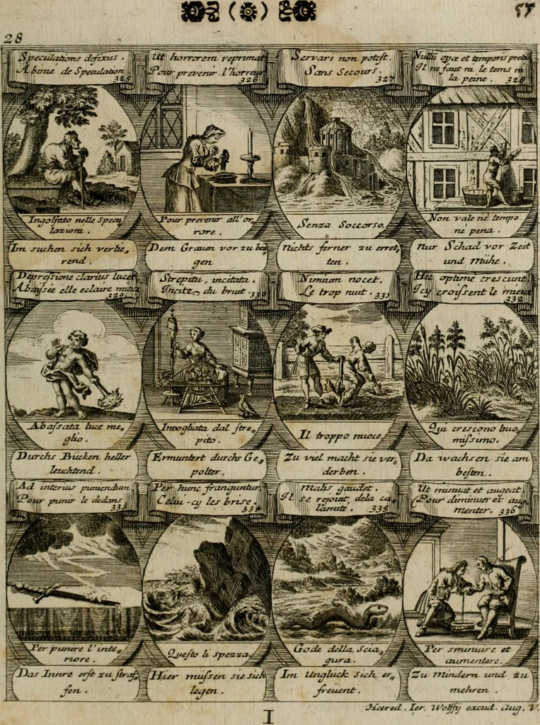 An illustration from M. Laurentii Wolfgangi Woyttens Emblematischer Parnassus : worauf die Musen, ihre Blumen-lese zu allerhand Freuden und Trauer-kränken halten. Um den Lob-werthen Tugend-chor durch angenehme rosen hergegen das ungezähmte Laster-thun mit wildem Dorn- und Distel-flor zu krönen, 1727, leaf 60