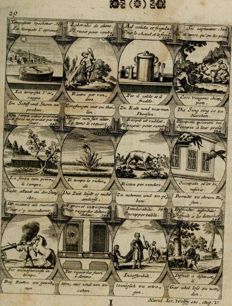 An illustration from M. Laurentii Wolfgangi Woyttens Emblematischer Parnassus : worauf die Musen, ihre Blumen-lese zu allerhand Freuden und Trauer-kränken halten. Um den Lob-werthen Tugend-chor durch angenehme rosen hergegen das ungezähmte Laster-thun mit wildem Dorn- und Distel-flor zu krönen, 1727, leaf 62
