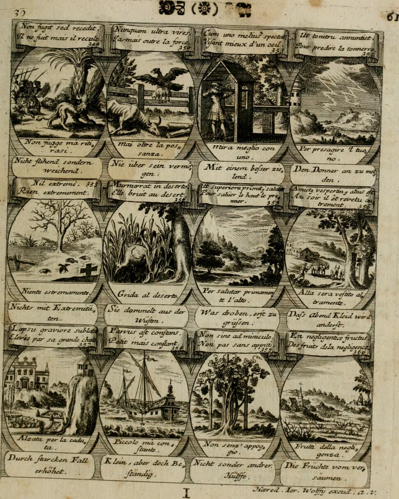 An illustration from M. Laurentii Wolfgangi Woyttens Emblematischer Parnassus : worauf die Musen, ihre Blumen-lese zu allerhand Freuden und Trauer-kränken halten. Um den Lob-werthen Tugend-chor durch angenehme rosen hergegen das ungezähmte Laster-thun mit wildem Dorn- und Distel-flor zu krönen, 1727, leaf 64