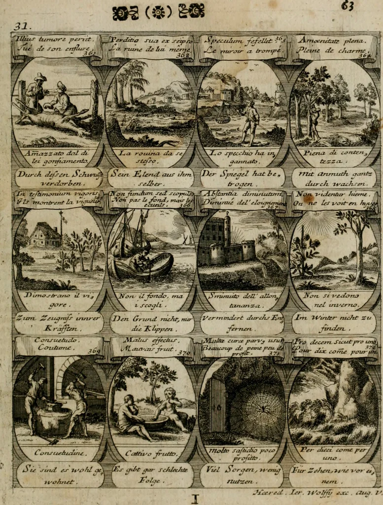 An illustration from M. Laurentii Wolfgangi Woyttens Emblematischer Parnassus : worauf die Musen, ihre Blumen-lese zu allerhand Freuden und Trauer-kränken halten. Um den Lob-werthen Tugend-chor durch angenehme rosen hergegen das ungezähmte Laster-thun mit wildem Dorn- und Distel-flor zu krönen, 1727, leaf 66