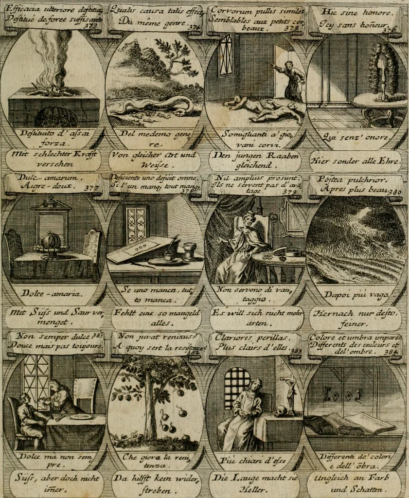An illustration from M. Laurentii Wolfgangi Woyttens Emblematischer Parnassus : worauf die Musen, ihre Blumen-lese zu allerhand Freuden und Trauer-kränken halten. Um den Lob-werthen Tugend-chor durch angenehme rosen hergegen das ungezähmte Laster-thun mit wildem Dorn- und Distel-flor zu krönen, 1727, leaf 68