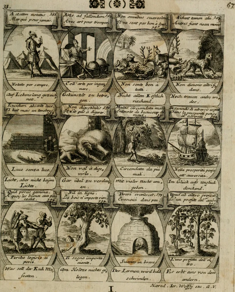 An illustration from M. Laurentii Wolfgangi Woyttens Emblematischer Parnassus : worauf die Musen, ihre Blumen-lese zu allerhand Freuden und Trauer-kränken halten. Um den Lob-werthen Tugend-chor durch angenehme rosen hergegen das ungezähmte Laster-thun mit wildem Dorn- und Distel-flor zu krönen, 1727, leaf 70