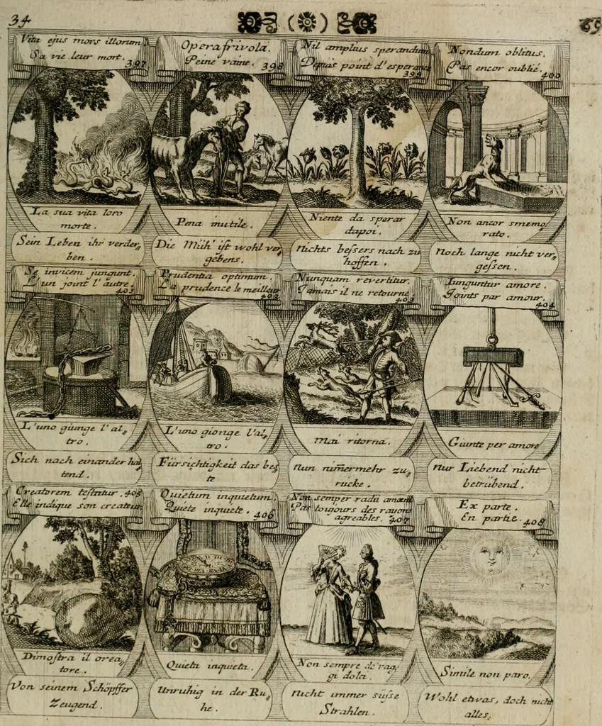 An illustration from M. Laurentii Wolfgangi Woyttens Emblematischer Parnassus : worauf die Musen, ihre Blumen-lese zu allerhand Freuden und Trauer-kränken halten. Um den Lob-werthen Tugend-chor durch angenehme rosen hergegen das ungezähmte Laster-thun mit wildem Dorn- und Distel-flor zu krönen, 1727, leaf 72