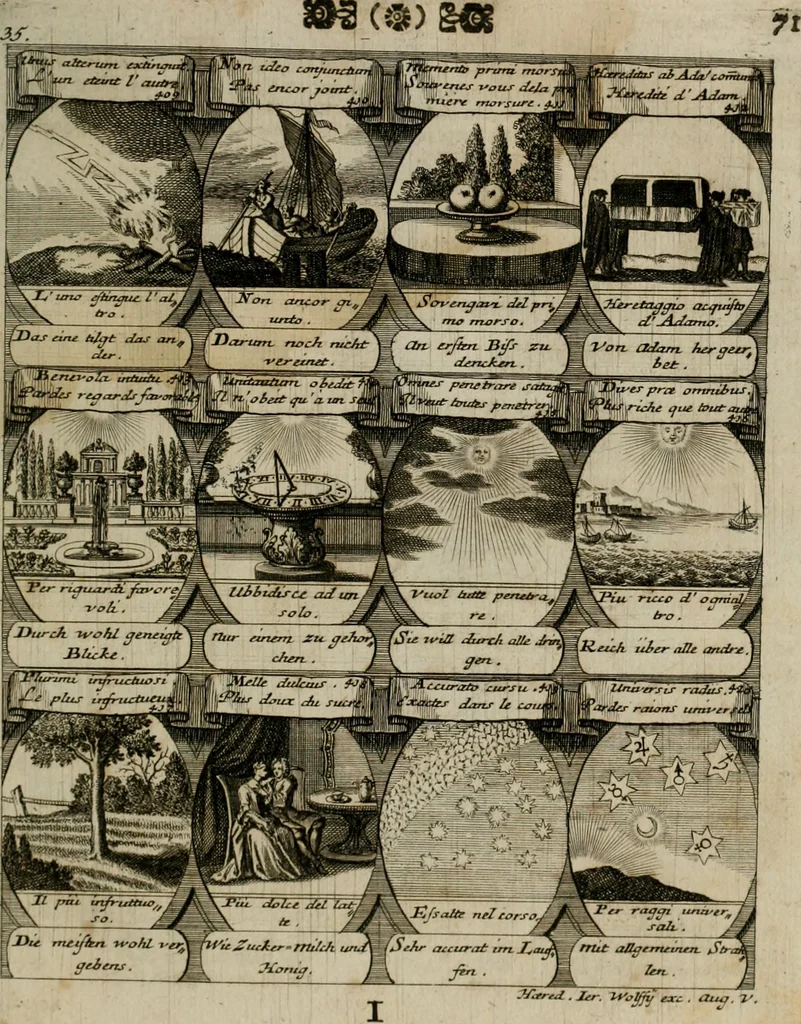 An illustration from M. Laurentii Wolfgangi Woyttens Emblematischer Parnassus : worauf die Musen, ihre Blumen-lese zu allerhand Freuden und Trauer-kränken halten. Um den Lob-werthen Tugend-chor durch angenehme rosen hergegen das ungezähmte Laster-thun mit wildem Dorn- und Distel-flor zu krönen, 1727, leaf 74