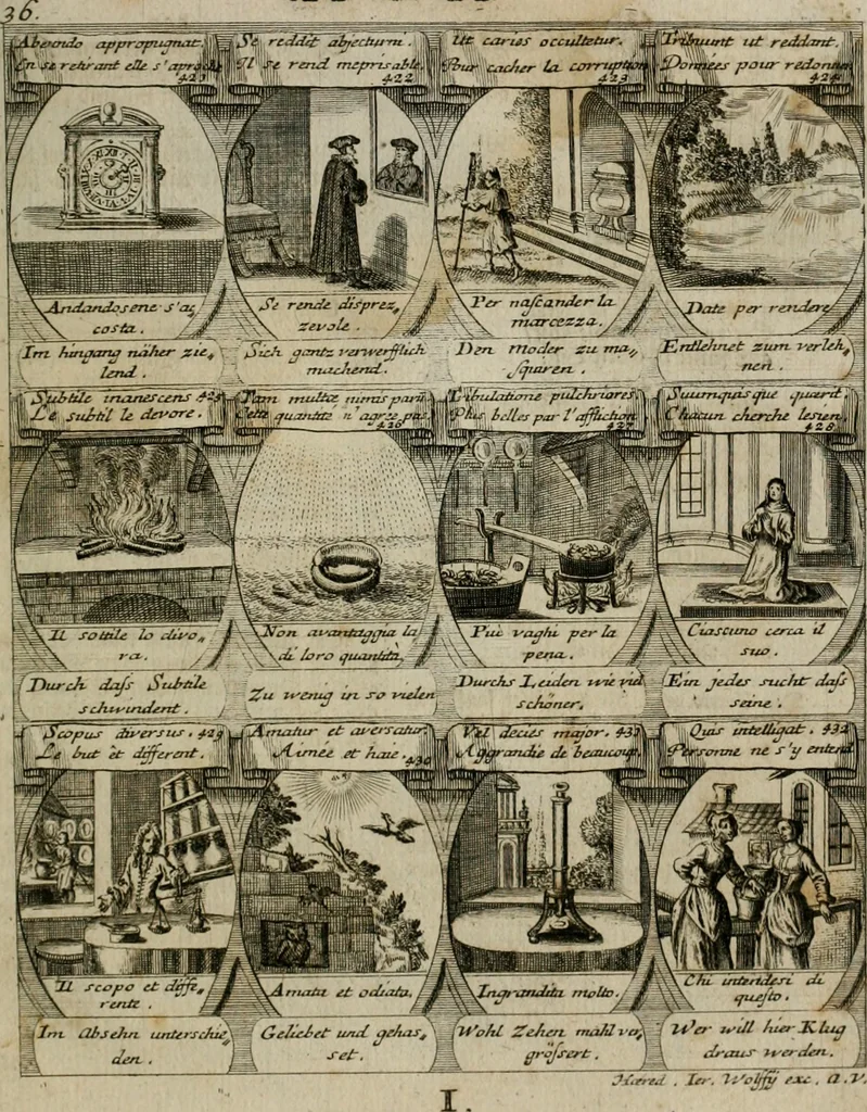 An illustration from M. Laurentii Wolfgangi Woyttens Emblematischer Parnassus : worauf die Musen, ihre Blumen-lese zu allerhand Freuden und Trauer-kränken halten. Um den Lob-werthen Tugend-chor durch angenehme rosen hergegen das ungezähmte Laster-thun mit wildem Dorn- und Distel-flor zu krönen, 1727, leaf 76