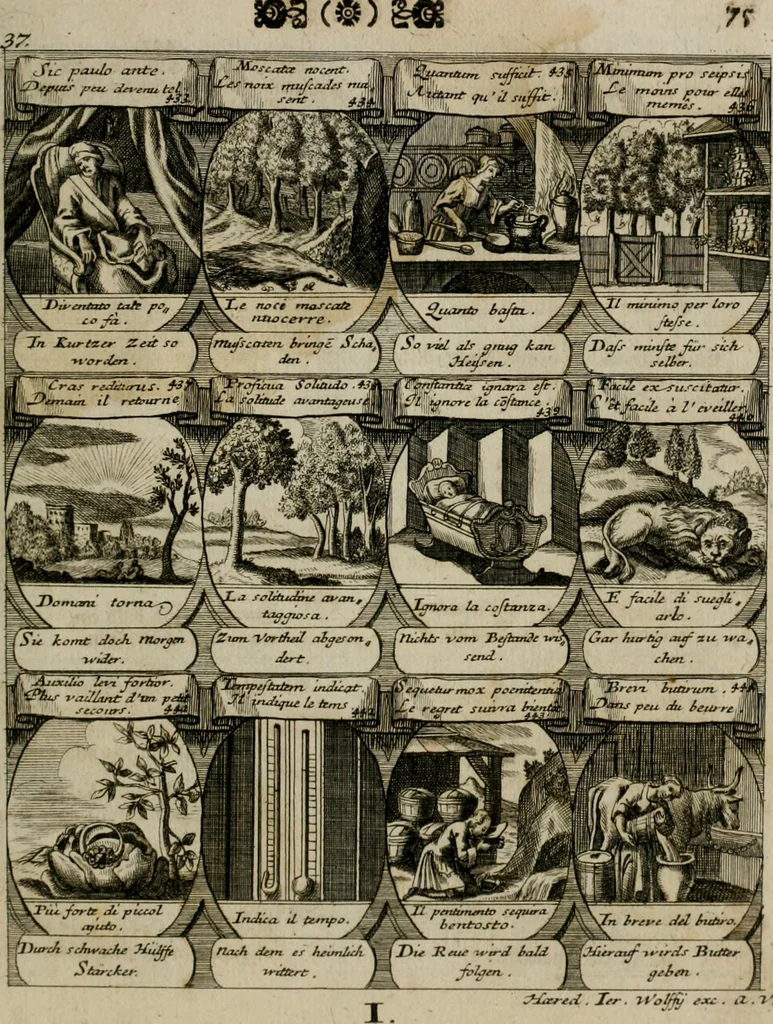 An illustration from M. Laurentii Wolfgangi Woyttens Emblematischer Parnassus : worauf die Musen, ihre Blumen-lese zu allerhand Freuden und Trauer-kränken halten. Um den Lob-werthen Tugend-chor durch angenehme rosen hergegen das ungezähmte Laster-thun mit wildem Dorn- und Distel-flor zu krönen, 1727, leaf 78