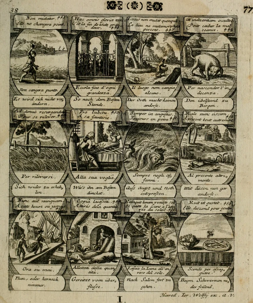 An illustration from M. Laurentii Wolfgangi Woyttens Emblematischer Parnassus : worauf die Musen, ihre Blumen-lese zu allerhand Freuden und Trauer-kränken halten. Um den Lob-werthen Tugend-chor durch angenehme rosen hergegen das ungezähmte Laster-thun mit wildem Dorn- und Distel-flor zu krönen, 1727, leaf 80