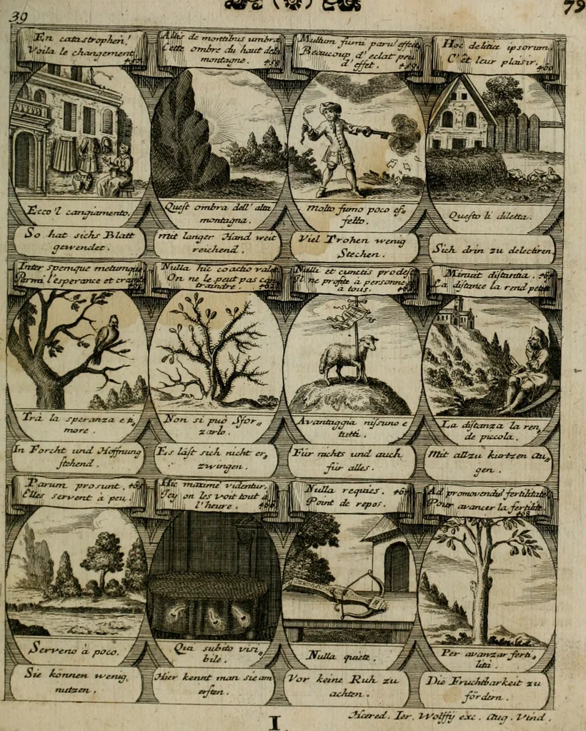 An illustration from M. Laurentii Wolfgangi Woyttens Emblematischer Parnassus : worauf die Musen, ihre Blumen-lese zu allerhand Freuden und Trauer-kränken halten. Um den Lob-werthen Tugend-chor durch angenehme rosen hergegen das ungezähmte Laster-thun mit wildem Dorn- und Distel-flor zu krönen, 1727, leaf 82