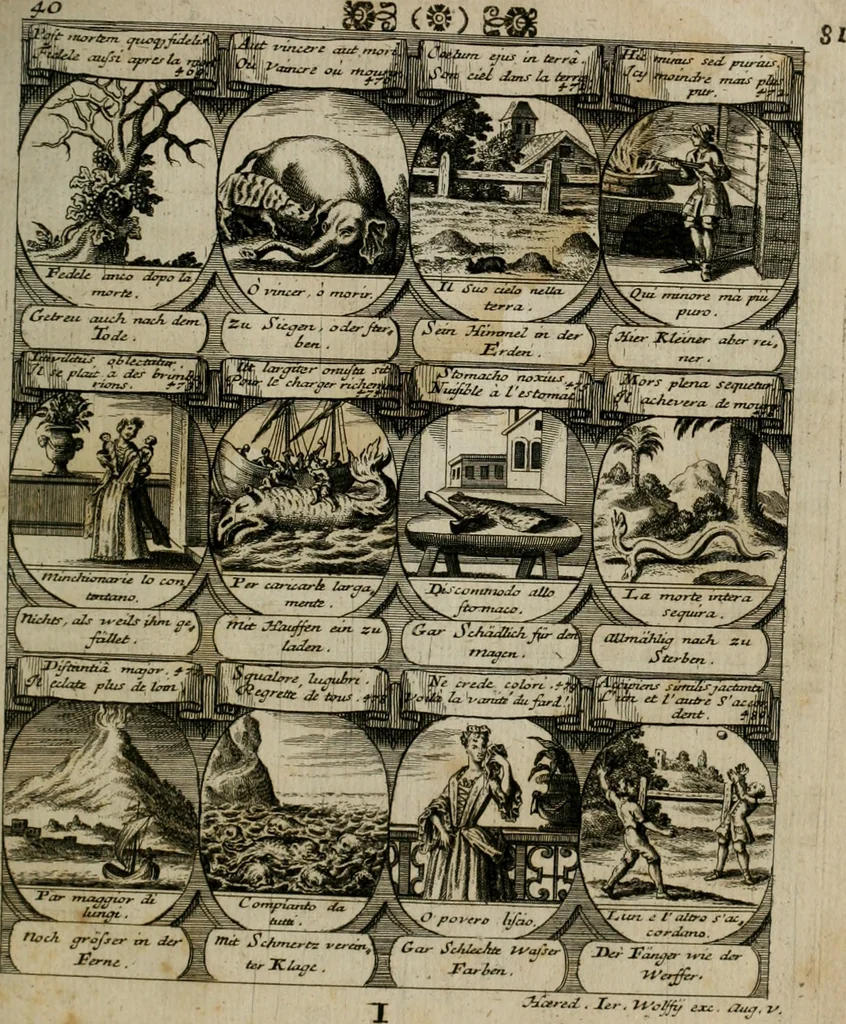 An illustration from M. Laurentii Wolfgangi Woyttens Emblematischer Parnassus : worauf die Musen, ihre Blumen-lese zu allerhand Freuden und Trauer-kränken halten. Um den Lob-werthen Tugend-chor durch angenehme rosen hergegen das ungezähmte Laster-thun mit wildem Dorn- und Distel-flor zu krönen, 1727, leaf 84