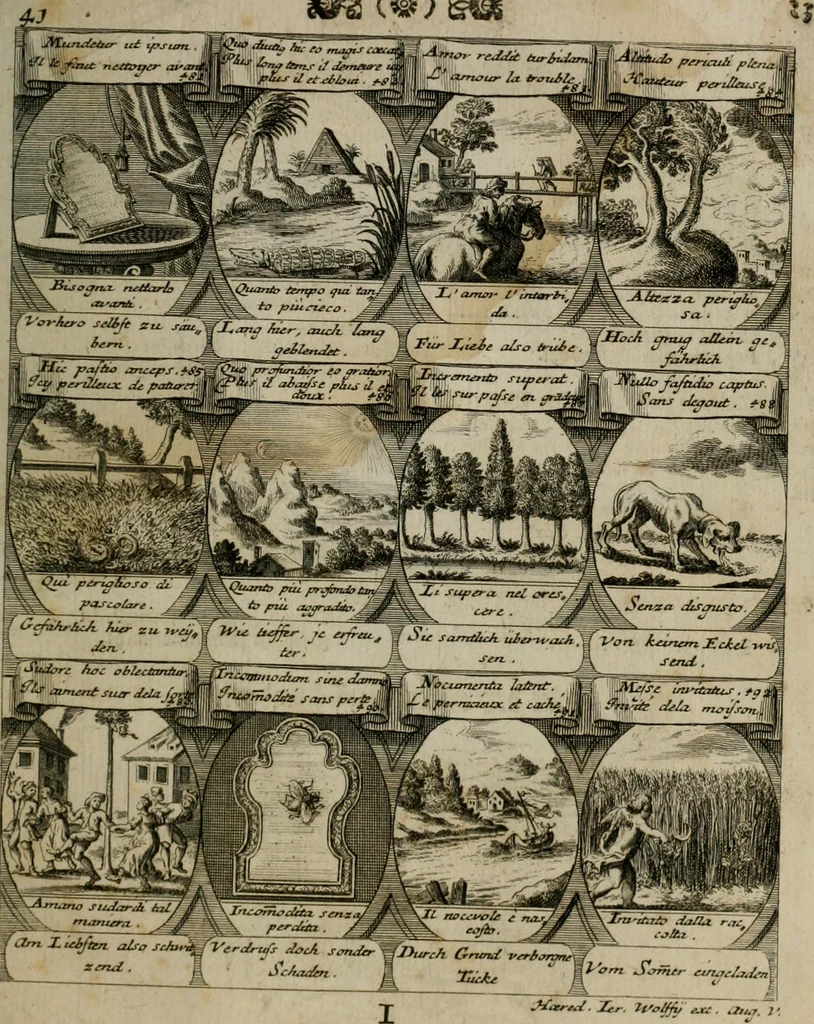An illustration from M. Laurentii Wolfgangi Woyttens Emblematischer Parnassus : worauf die Musen, ihre Blumen-lese zu allerhand Freuden und Trauer-kränken halten. Um den Lob-werthen Tugend-chor durch angenehme rosen hergegen das ungezähmte Laster-thun mit wildem Dorn- und Distel-flor zu krönen, 1727, leaf 86