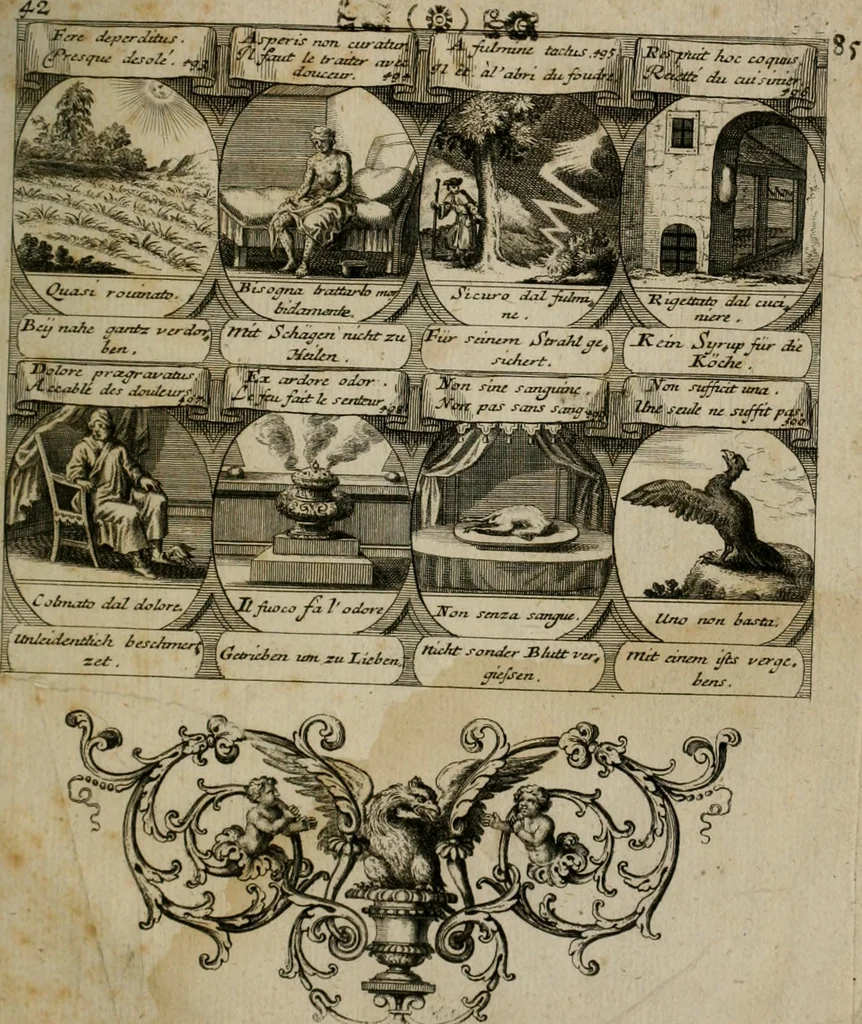 An illustration from M. Laurentii Wolfgangi Woyttens Emblematischer Parnassus : worauf die Musen, ihre Blumen-lese zu allerhand Freuden und Trauer-kränken halten. Um den Lob-werthen Tugend-chor durch angenehme rosen hergegen das ungezähmte Laster-thun mit wildem Dorn- und Distel-flor zu krönen, 1727, leaf 88