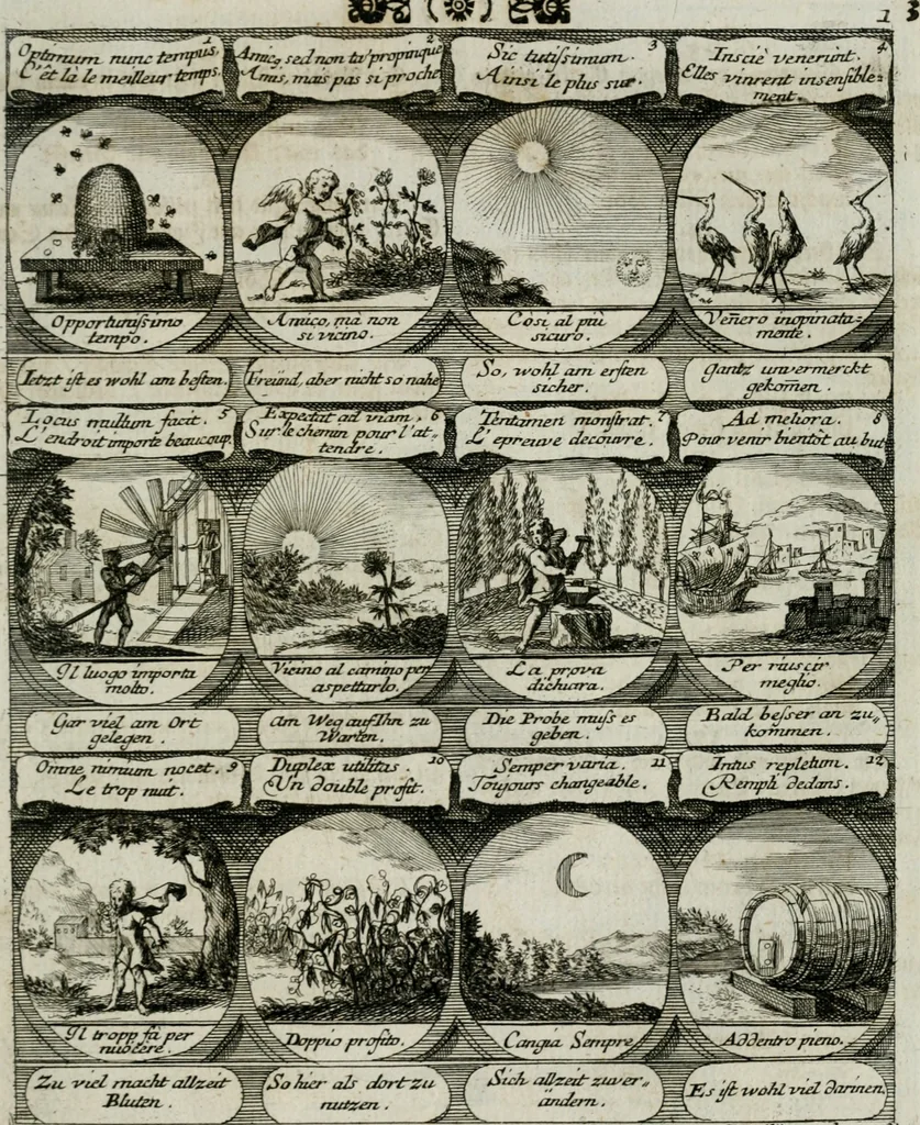 An illustration from M. Laurentii Wolfgangi Woyttens Emblematischer Parnassus : worauf die Musen, ihre Blumen-lese zu allerhand Freuden und Trauer-kränken halten. Um den Lob-werthen Tugend-chor durch angenehme rosen hergegen das ungezähmte Laster-thun mit wildem Dorn- und Distel-flor zu krönen, 1727, leaf 10