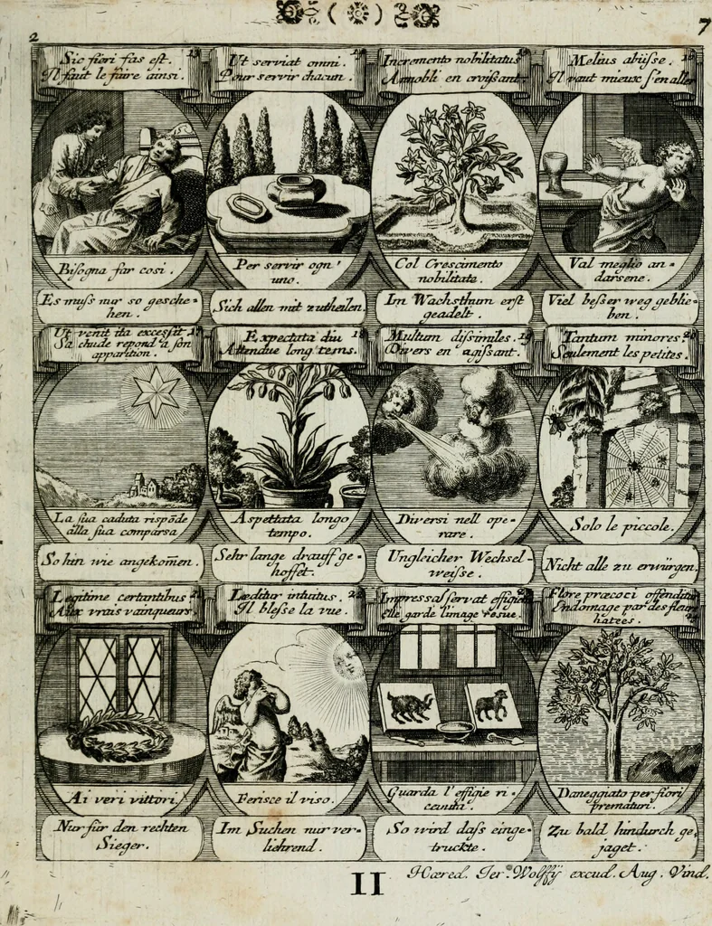 An illustration from M. Laurentii Wolfgangi Woyttens Emblematischer Parnassus : worauf die Musen, ihre Blumen-lese zu allerhand Freuden und Trauer-kränken halten. Um den Lob-werthen Tugend-chor durch angenehme rosen hergegen das ungezähmte Laster-thun mit wildem Dorn- und Distel-flor zu krönen, 1727, leaf 100