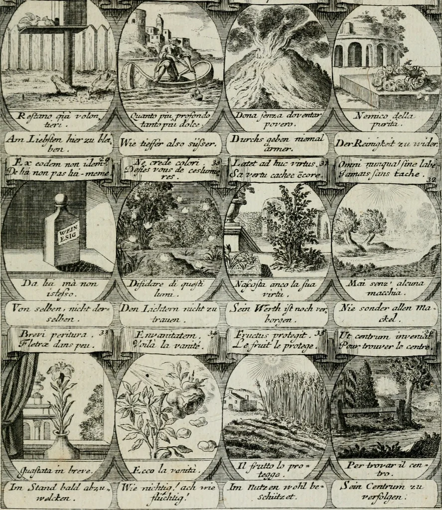 An illustration from M. Laurentii Wolfgangi Woyttens Emblematischer Parnassus : worauf die Musen, ihre Blumen-lese zu allerhand Freuden und Trauer-kränken halten. Um den Lob-werthen Tugend-chor durch angenehme rosen hergegen das ungezähmte Laster-thun mit wildem Dorn- und Distel-flor zu krönen, 1727, leaf 102