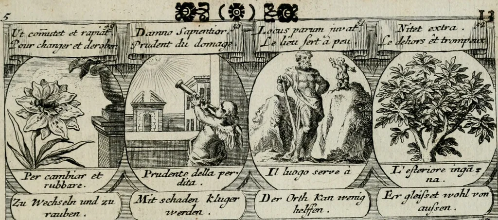 An illustration from M. Laurentii Wolfgangi Woyttens Emblematischer Parnassus : worauf die Musen, ihre Blumen-lese zu allerhand Freuden und Trauer-kränken halten. Um den Lob-werthen Tugend-chor durch angenehme rosen hergegen das ungezähmte Laster-thun mit wildem Dorn- und Distel-flor zu krönen, 1727, leaf 106
