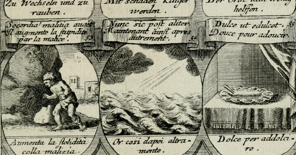 An illustration from M. Laurentii Wolfgangi Woyttens Emblematischer Parnassus : worauf die Musen, ihre Blumen-lese zu allerhand Freuden und Trauer-kränken halten. Um den Lob-werthen Tugend-chor durch angenehme rosen hergegen das ungezähmte Laster-thun mit wildem Dorn- und Distel-flor zu krönen, 1727, leaf 106