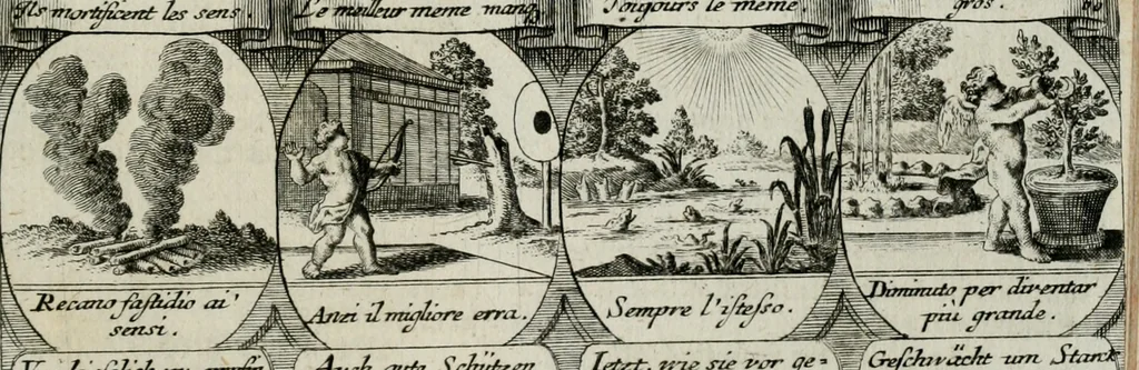 An illustration from M. Laurentii Wolfgangi Woyttens Emblematischer Parnassus : worauf die Musen, ihre Blumen-lese zu allerhand Freuden und Trauer-kränken halten. Um den Lob-werthen Tugend-chor durch angenehme rosen hergegen das ungezähmte Laster-thun mit wildem Dorn- und Distel-flor zu krönen, 1727, leaf 106