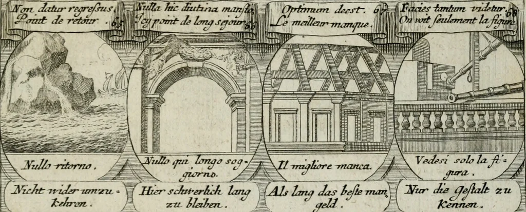 An illustration from M. Laurentii Wolfgangi Woyttens Emblematischer Parnassus : worauf die Musen, ihre Blumen-lese zu allerhand Freuden und Trauer-kränken halten. Um den Lob-werthen Tugend-chor durch angenehme rosen hergegen das ungezähmte Laster-thun mit wildem Dorn- und Distel-flor zu krönen, 1727, leaf 108