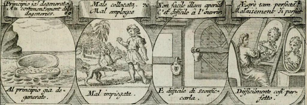 An illustration from M. Laurentii Wolfgangi Woyttens Emblematischer Parnassus : worauf die Musen, ihre Blumen-lese zu allerhand Freuden und Trauer-kränken halten. Um den Lob-werthen Tugend-chor durch angenehme rosen hergegen das ungezähmte Laster-thun mit wildem Dorn- und Distel-flor zu krönen, 1727, leaf 108