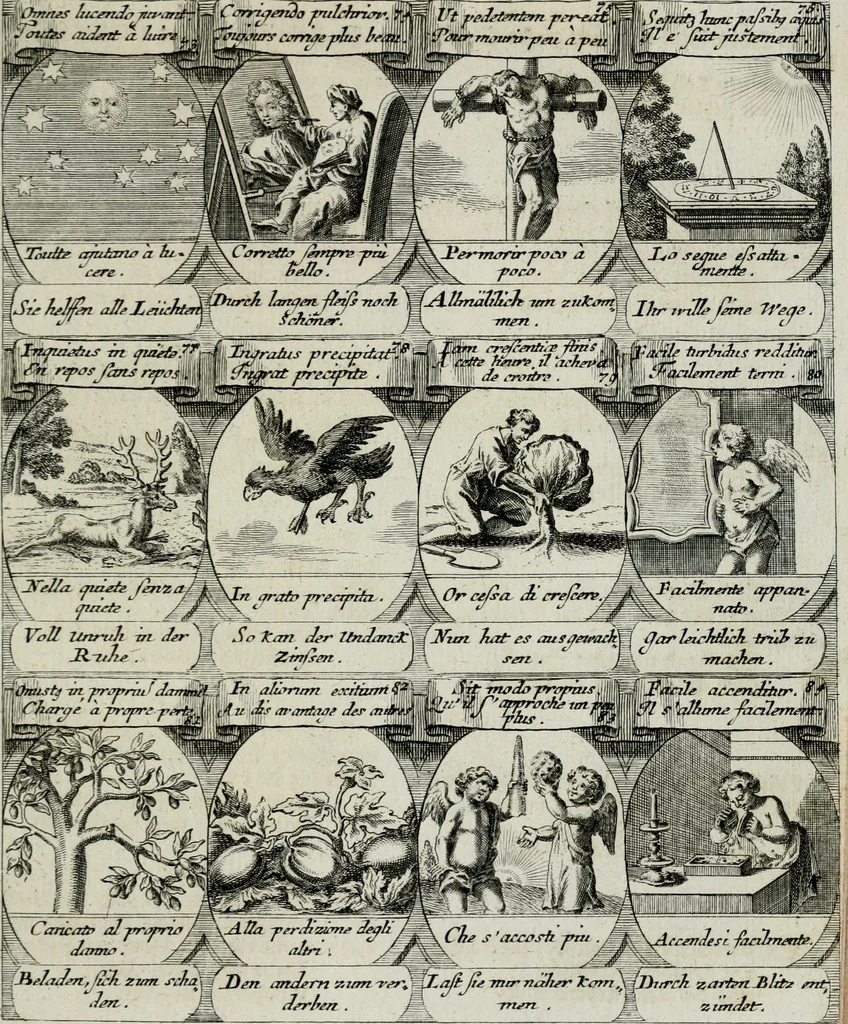 An illustration from M. Laurentii Wolfgangi Woyttens Emblematischer Parnassus : worauf die Musen, ihre Blumen-lese zu allerhand Freuden und Trauer-kränken halten. Um den Lob-werthen Tugend-chor durch angenehme rosen hergegen das ungezähmte Laster-thun mit wildem Dorn- und Distel-flor zu krönen, 1727, leaf 110